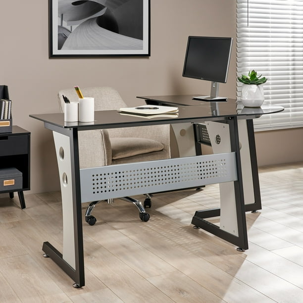 Orion L Shaped Office Desk with Black Tempered Glass Top, Grey
