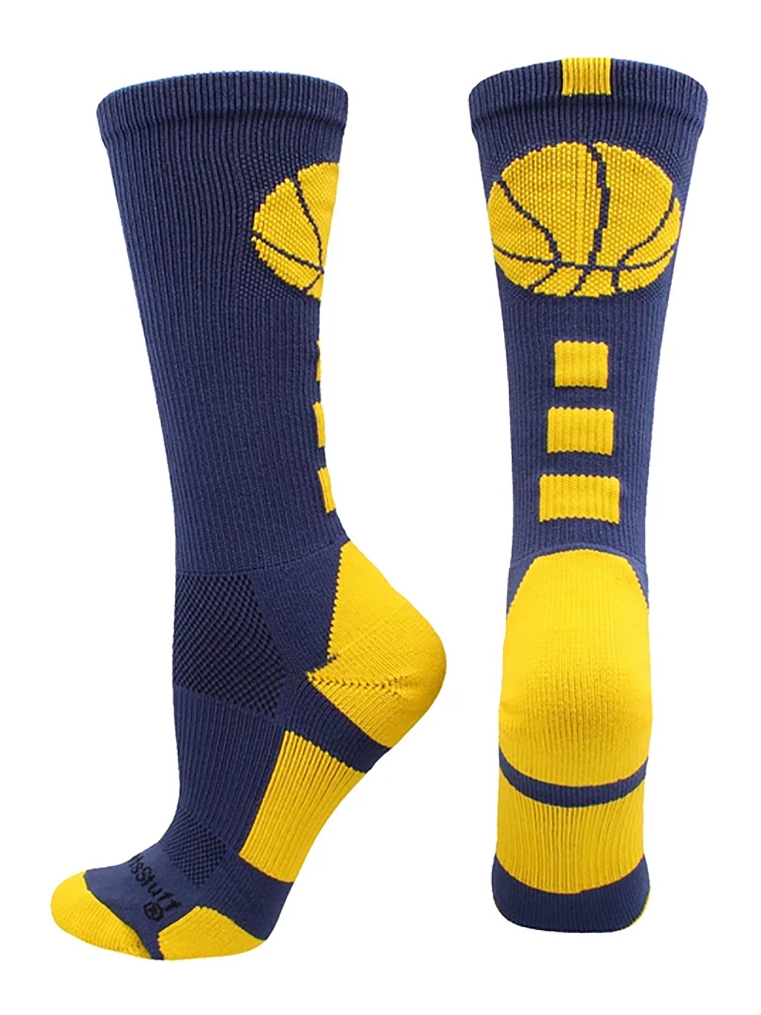 Basketball Socks with Basketball Logo Crew Socks (Navy/Gold, Medium
