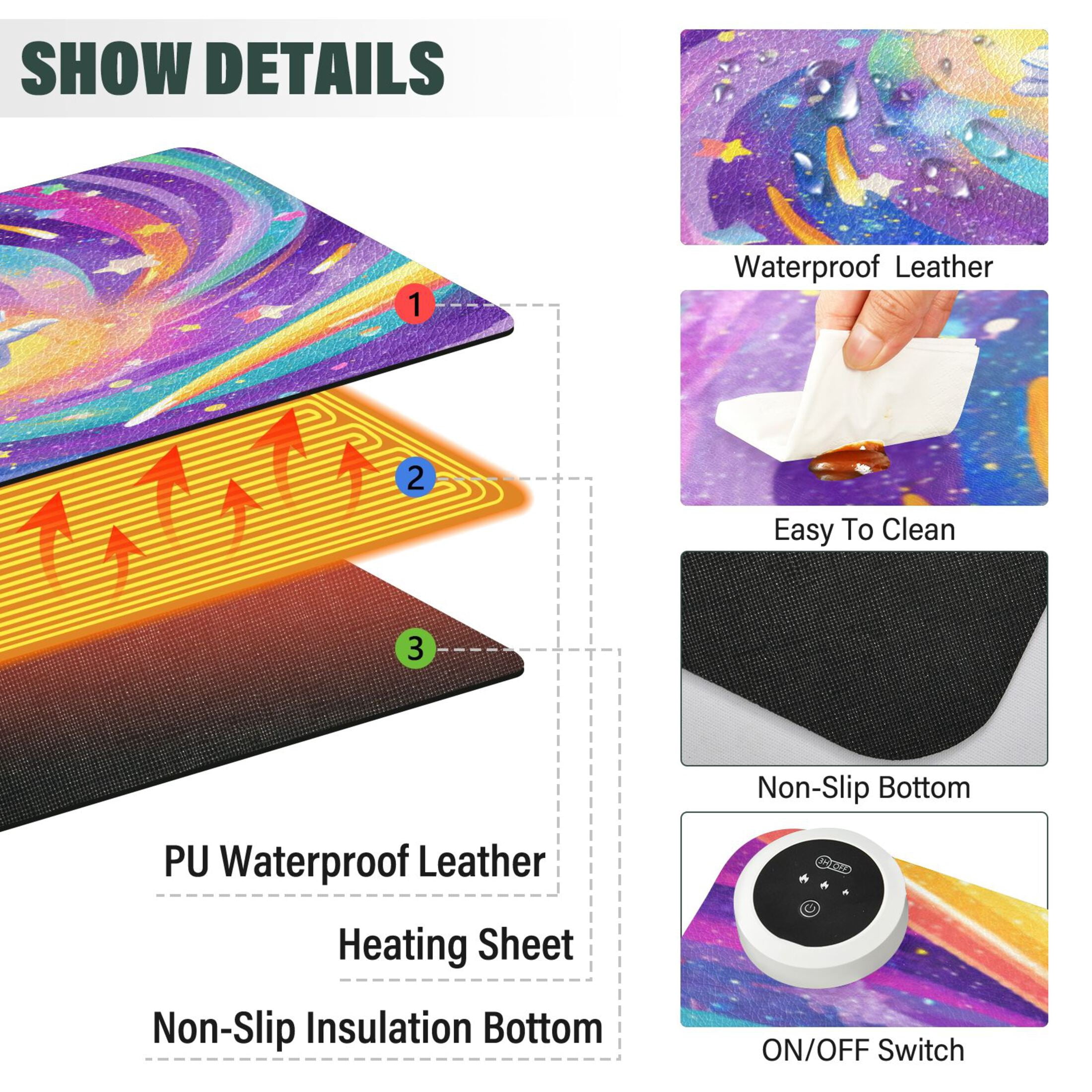 Large Heated Desk Mat Mouse Pad 31.5"x13"PU Leather Graphene Heating Desk Warmer with 3 Temperature Settings 110V US Plug Non-Slip Warm Pad for Home, Office, and Gaming Rainbow Galaxy Astronaut Art