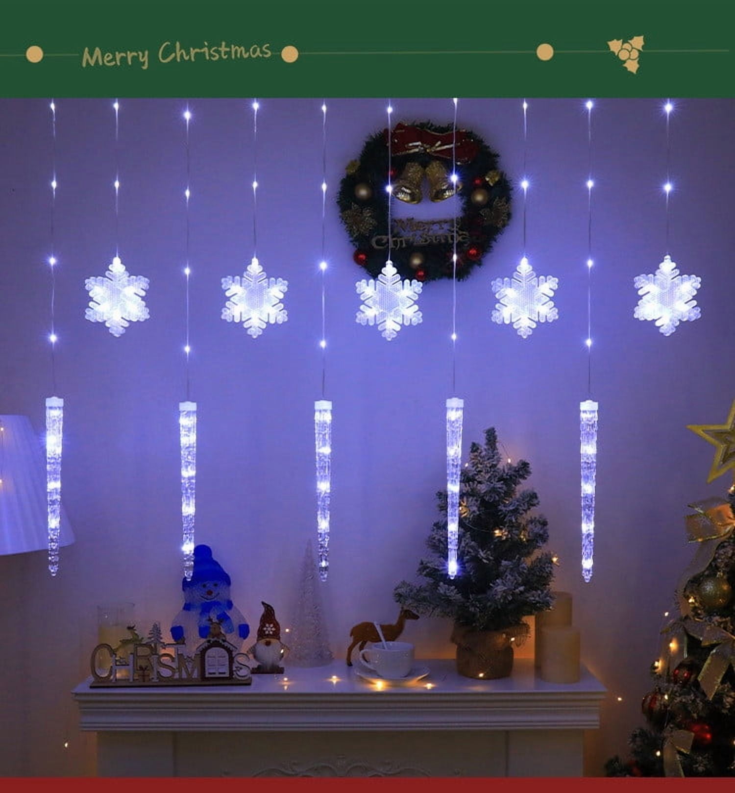 REZUOFI 1 Pcs Christmas Curtain Lights Outdoor Waterproof LED Icicle Snowflake String with Remote Control, 8 Modes, Warm White & Multicolor for Holiday Decor