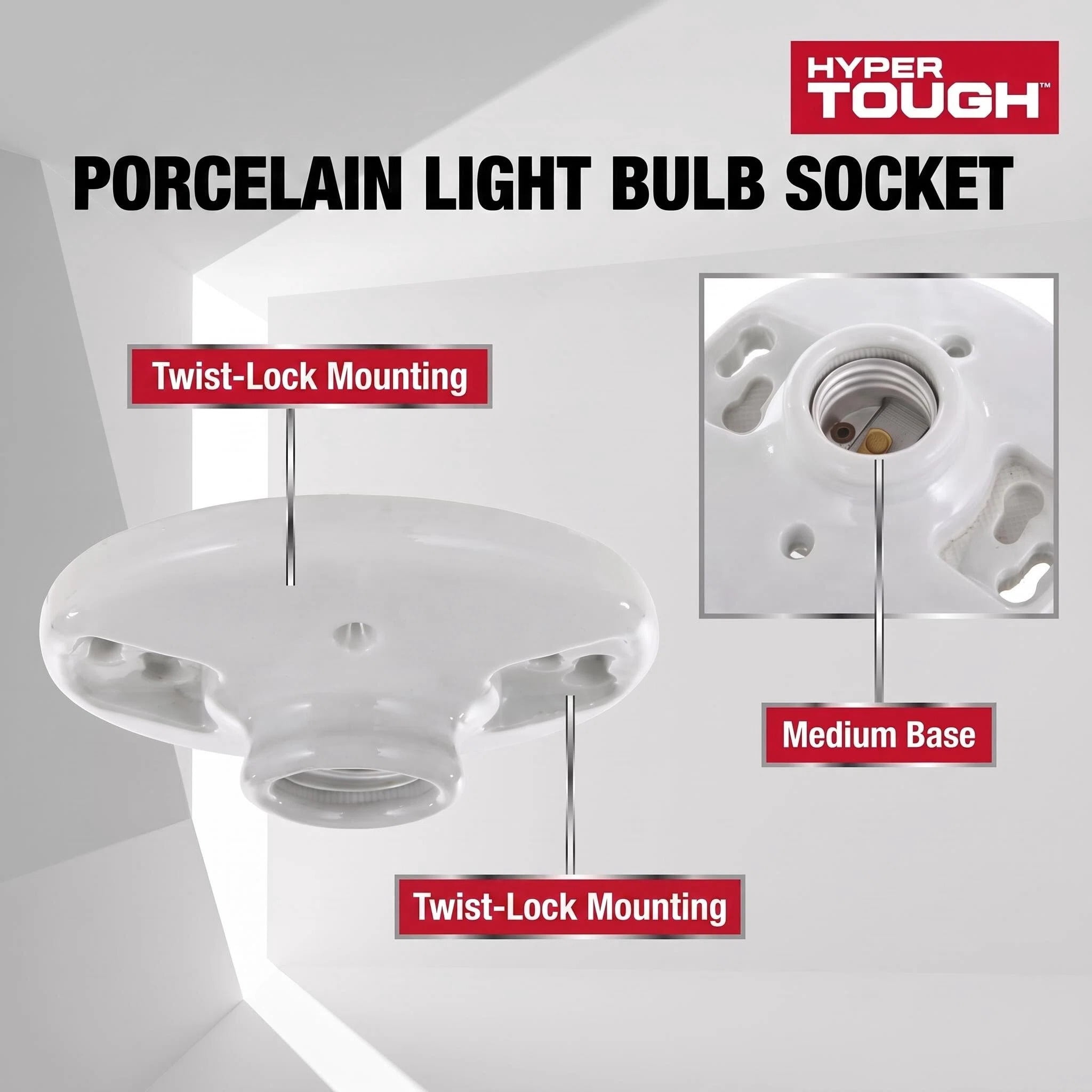 (2 pack) Hyper Tough Porcelain Light Bulb Socket, Medium Base, 60W Max, White
