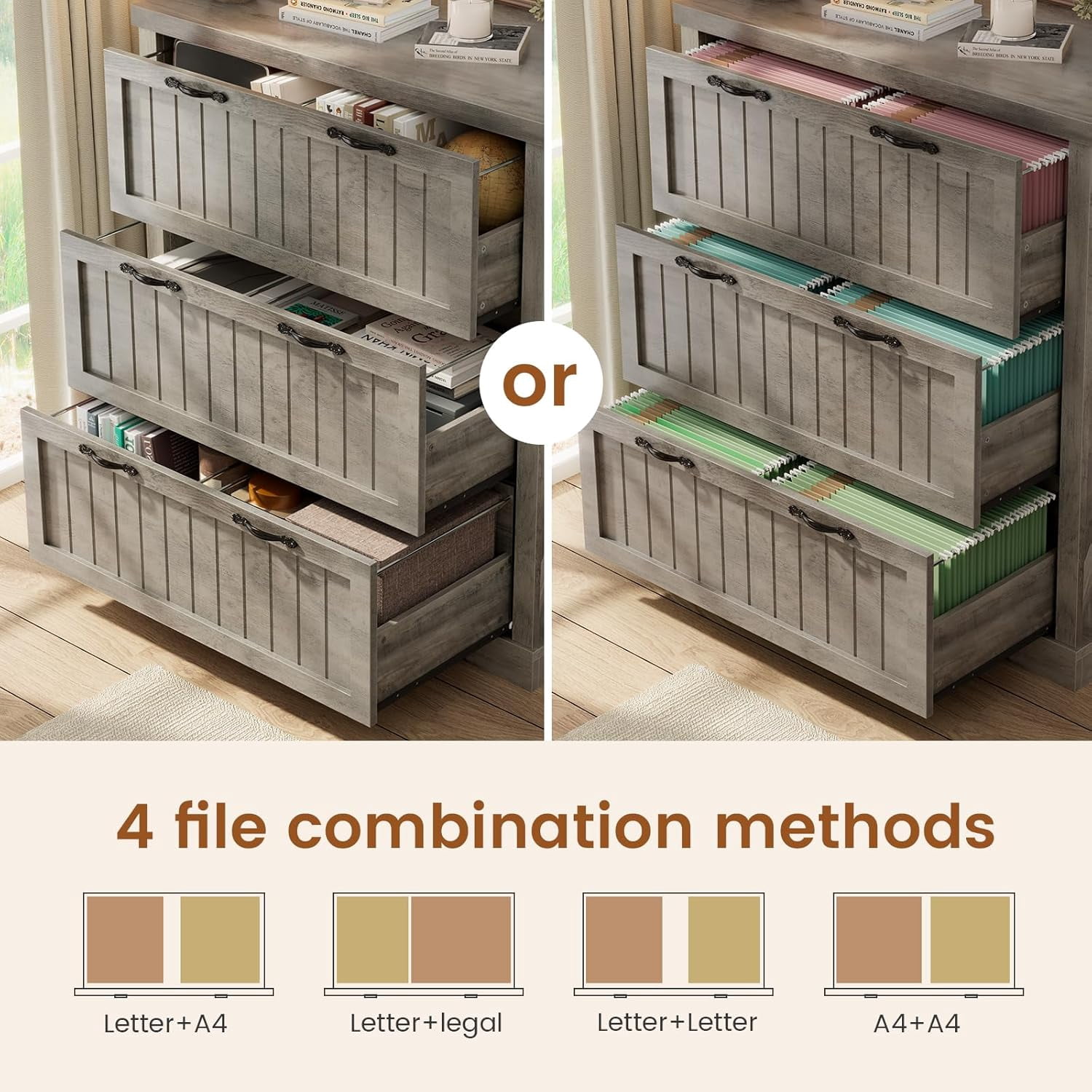 3 Drawer File Cabinet, Farmhouse Filing Cabinet Fits Letter/Legal/A4 Size, Wood File Cabinet with Printer Stand for Home Office, Retro Style for Living Room, Grey