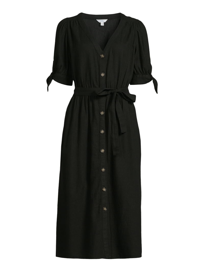 Time and Tru Tie Sleeve Midi Linen and Rayon, Dresses (Women's) - Walmart .com
