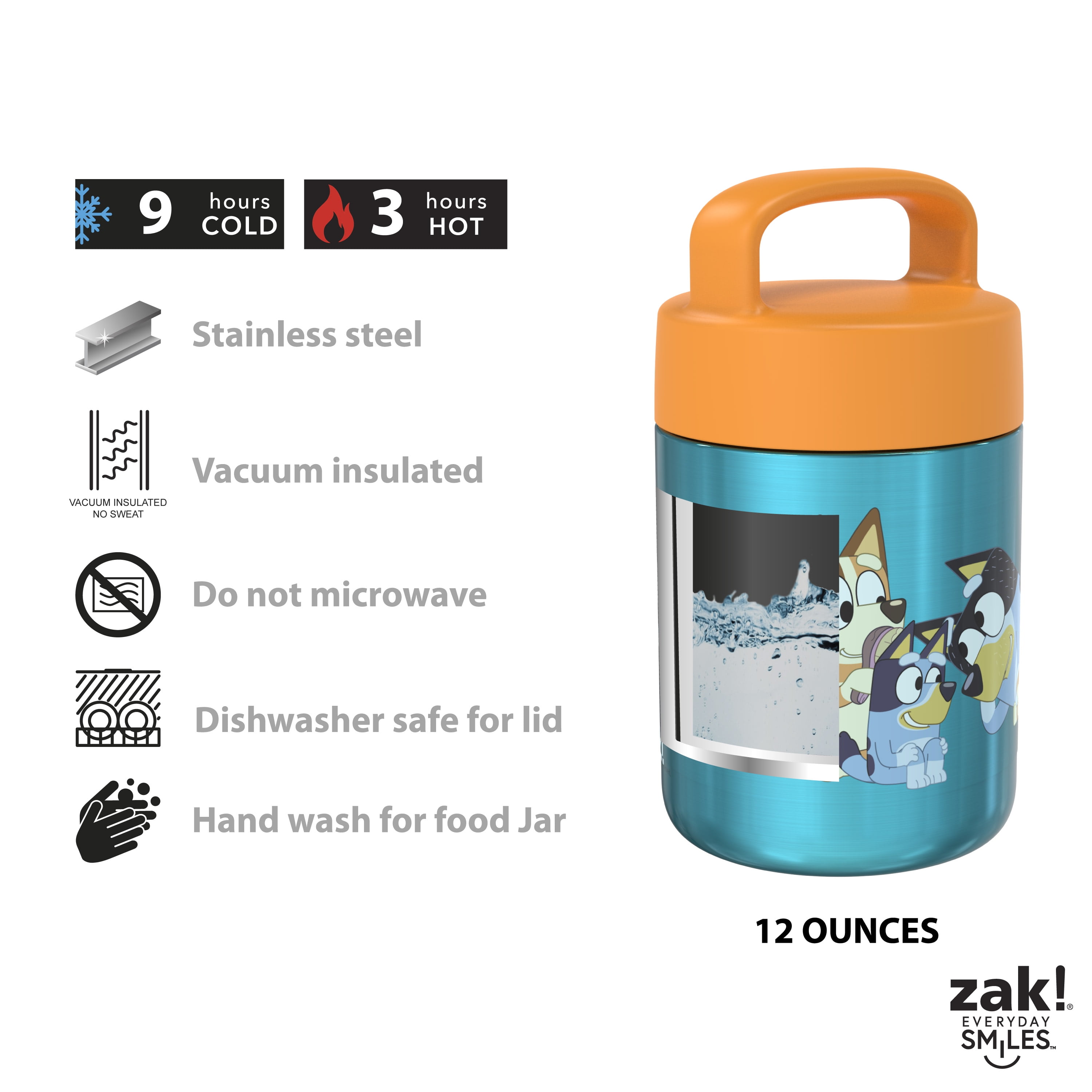 Zak Designs Bluey Kids' Vacuum Insulated Stainless Steel Food Jar with Carry Handle, Thermal Container for Travel Meals and Lunch on The Go (12 oz