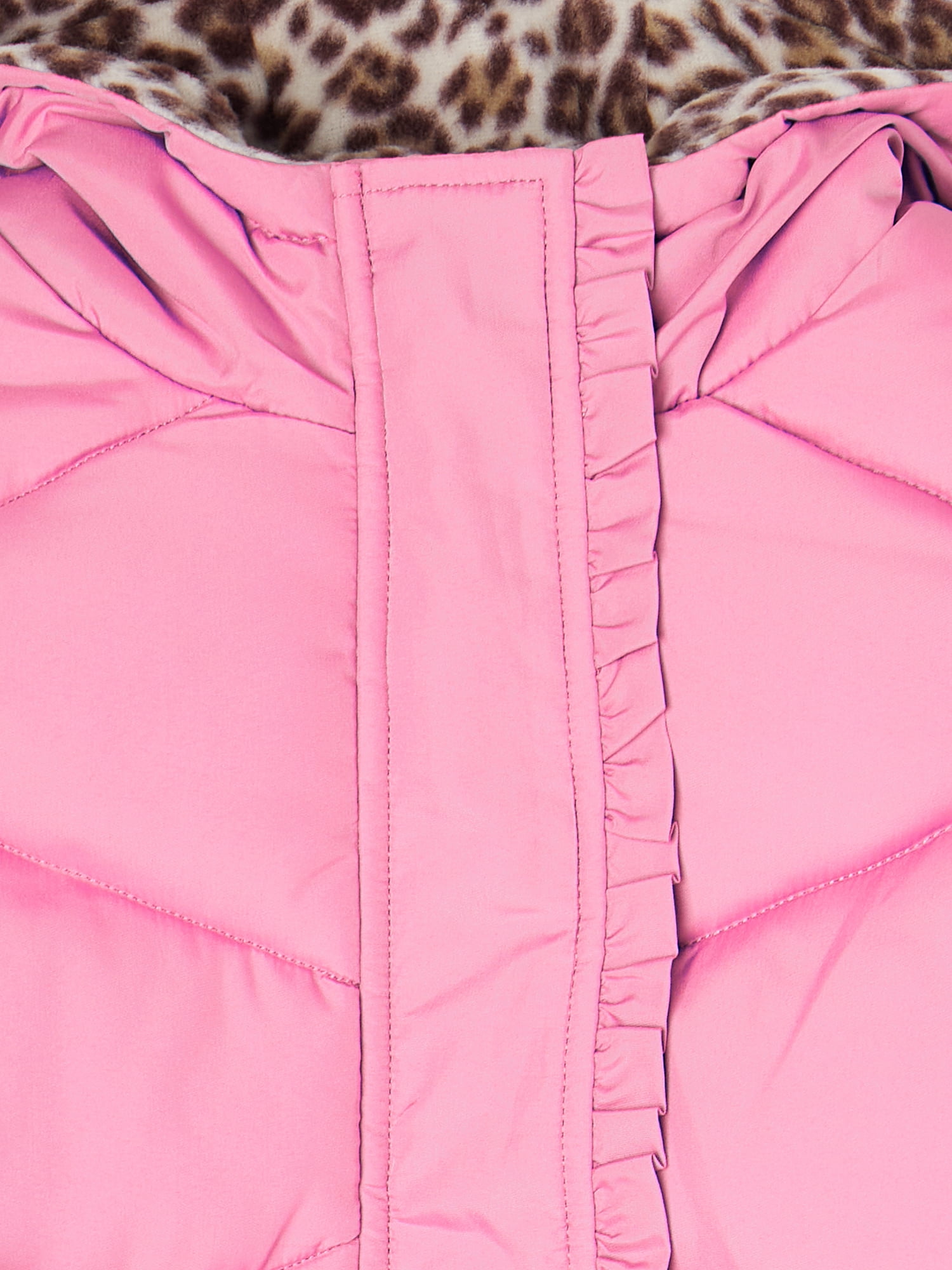 Pink Platinum Girls Solid Hooded Winter Puffer Coat with Leopard Print, Sizes 4-16