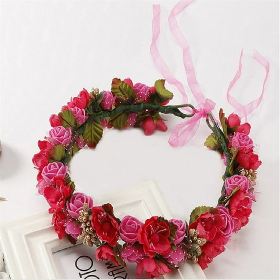Tittly Hair Accessories Hair Bows Women Bridal Flower Garland Headband Flower Crown Hair Wreath Hair Bows Elastic Hair Bands Hot Pink One Size
