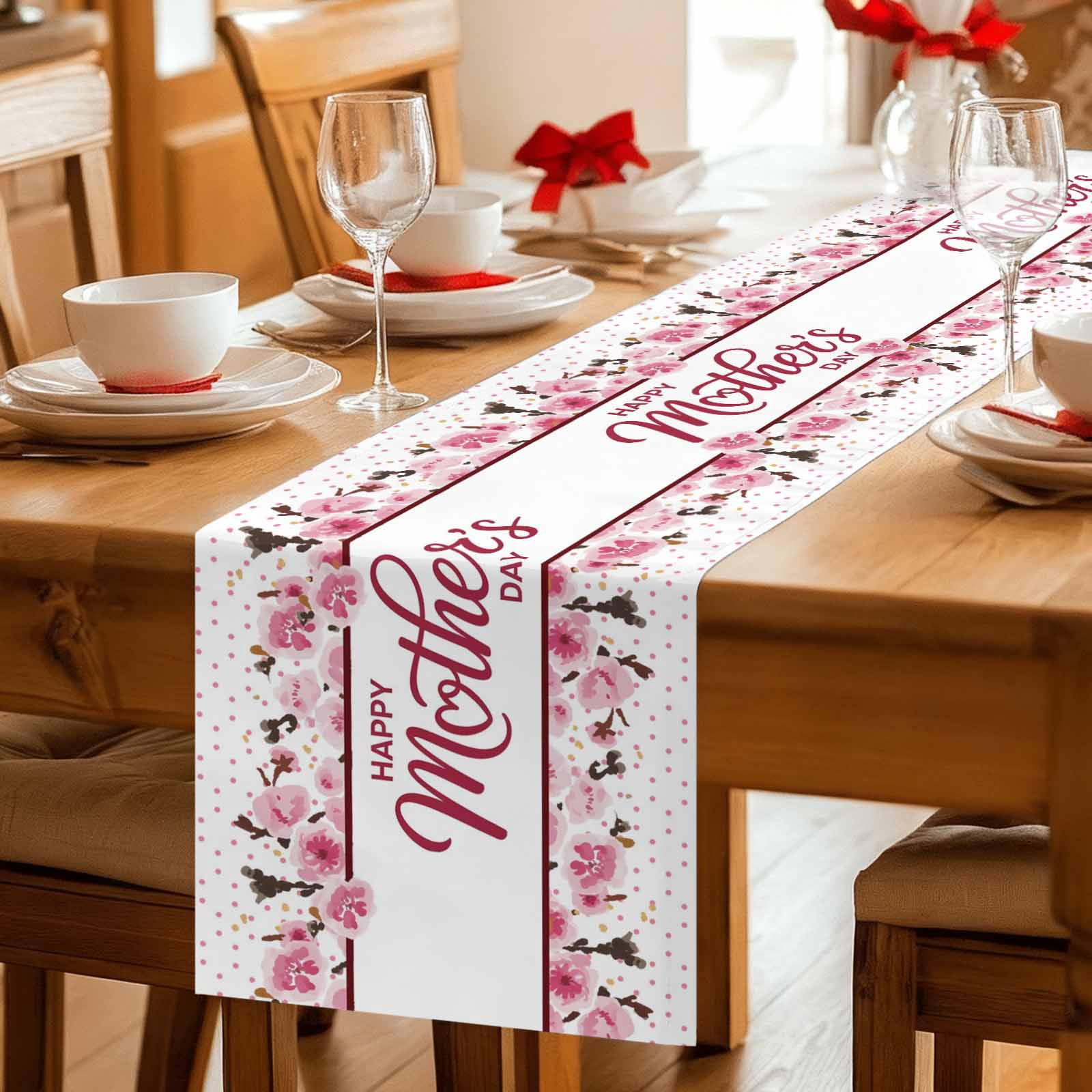 Pink Mother's Day Cotton Linen Table Runner for Dining Kitchen, Watercolor Flowers Modern Polka Dot Striped Wedding Outdoor Party Tablerunners, Dresser Scarf Coffee Tablecloth Runners 13x120 Inches