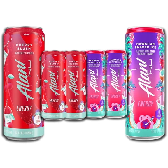 Alani Nu Energy Drink, Hawaiian Shaved Ice And Cherry Slush, Variety Pack, 12 fl oz (6 Pack)