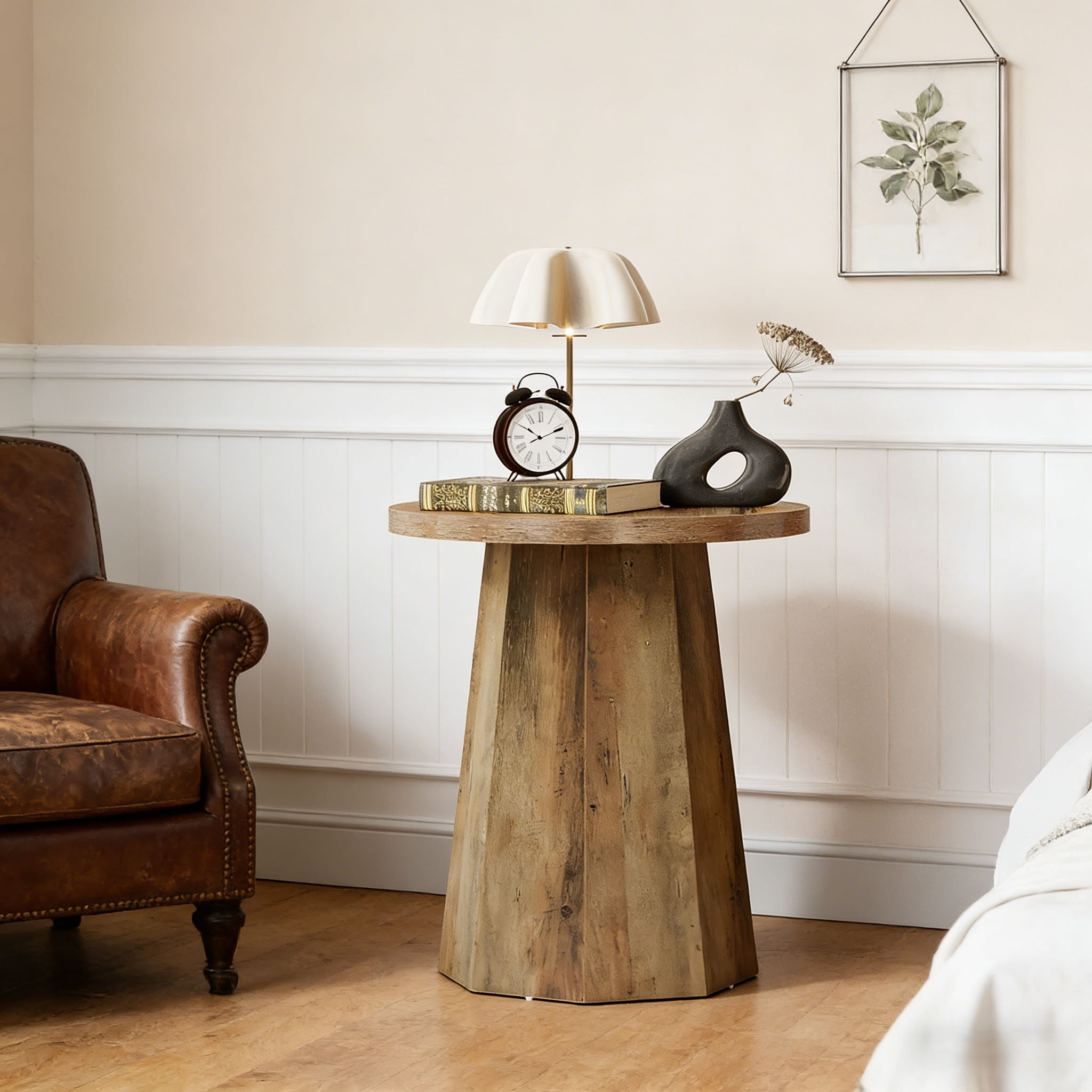 Fnova Farmhouse Round End Table, Wooden Side Table with Octagonal Base, Nightstand Pedestal Accent Furniture for Living Room, Bedroom