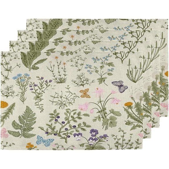 Wildflower Herbs Plant Spring Placemats Set of 4, 12x18 Inch Floral Flower Summer Seasonal Holiday Farmhouse Table Mats for Party Kitchen Dining Decoration