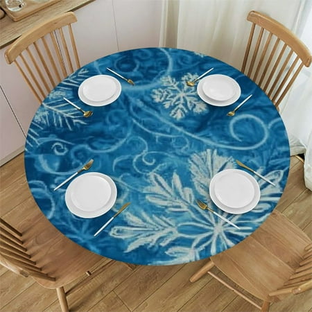 

QKZF Round Fitted Tablecloth with Elastic Snowflake Round Elastic Tablecloth Winter Snow Elastic Table Cover Circular Table Cover Waterproof Wipeable Table Cloth 42 -46