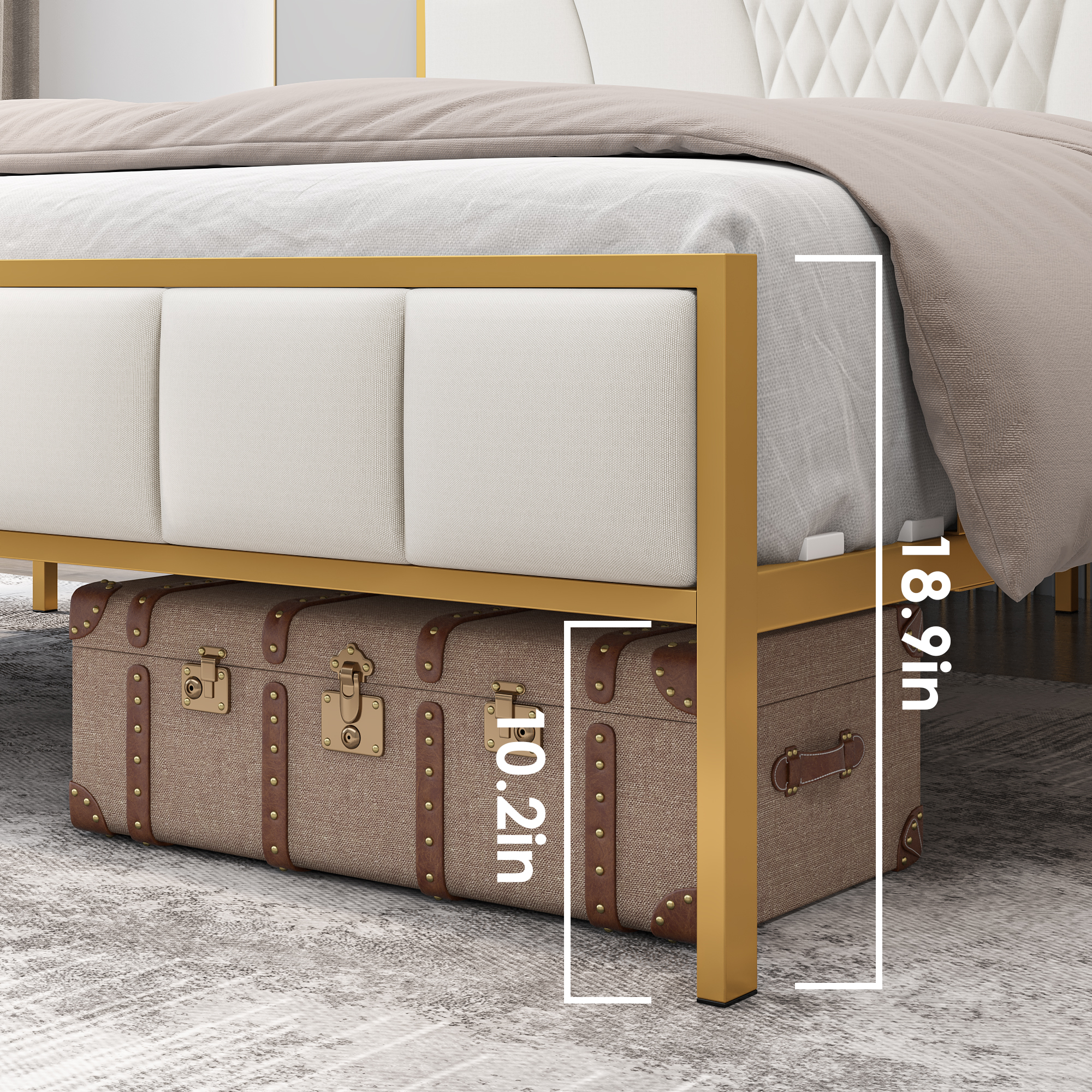 Homfa King Size Metal Bed Frame, Modern Linen Fabric Upholstered Platform Bed Frame with Tufted Headboard, Beige and Gold - image 4 of 10
