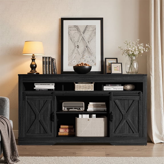 May in Color 34'' Tall TV Stand for 65" Inch TV, Farmhouse TV Console for 23" Fireplace, with Sliding Bar Door, Rustic Entertainment Center for Living Room, Bedroom (Black)