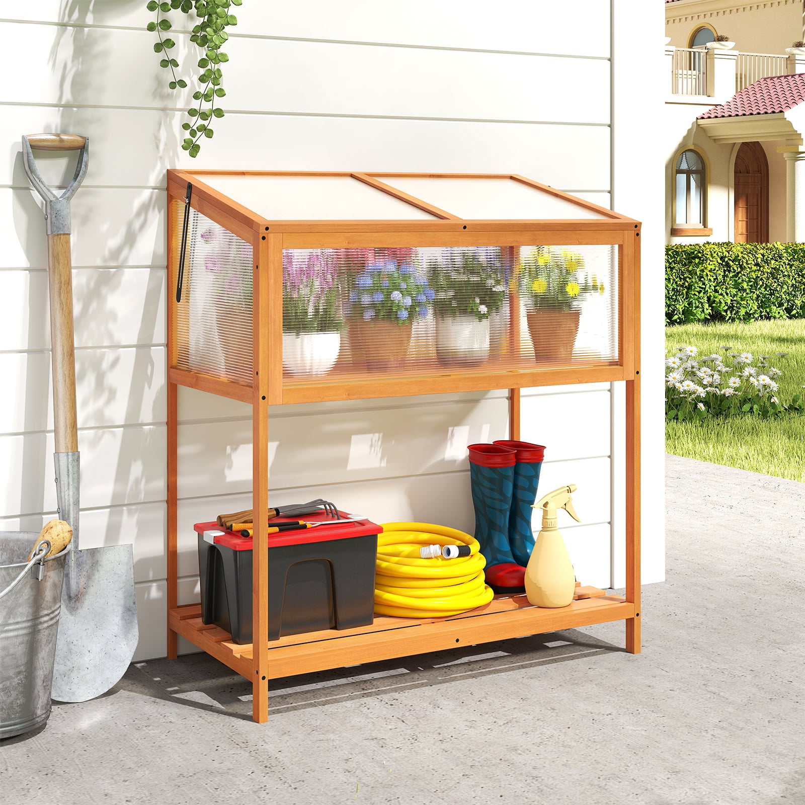Gymax Wood Cold Frame Greenhouse w/Transparent Openable Roof & Slatted Storage Shelf