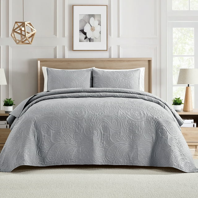 Bourina Modern Floral 3-Piece Quilt Set– King,Grey,Lightweight & Comfortable For Adults