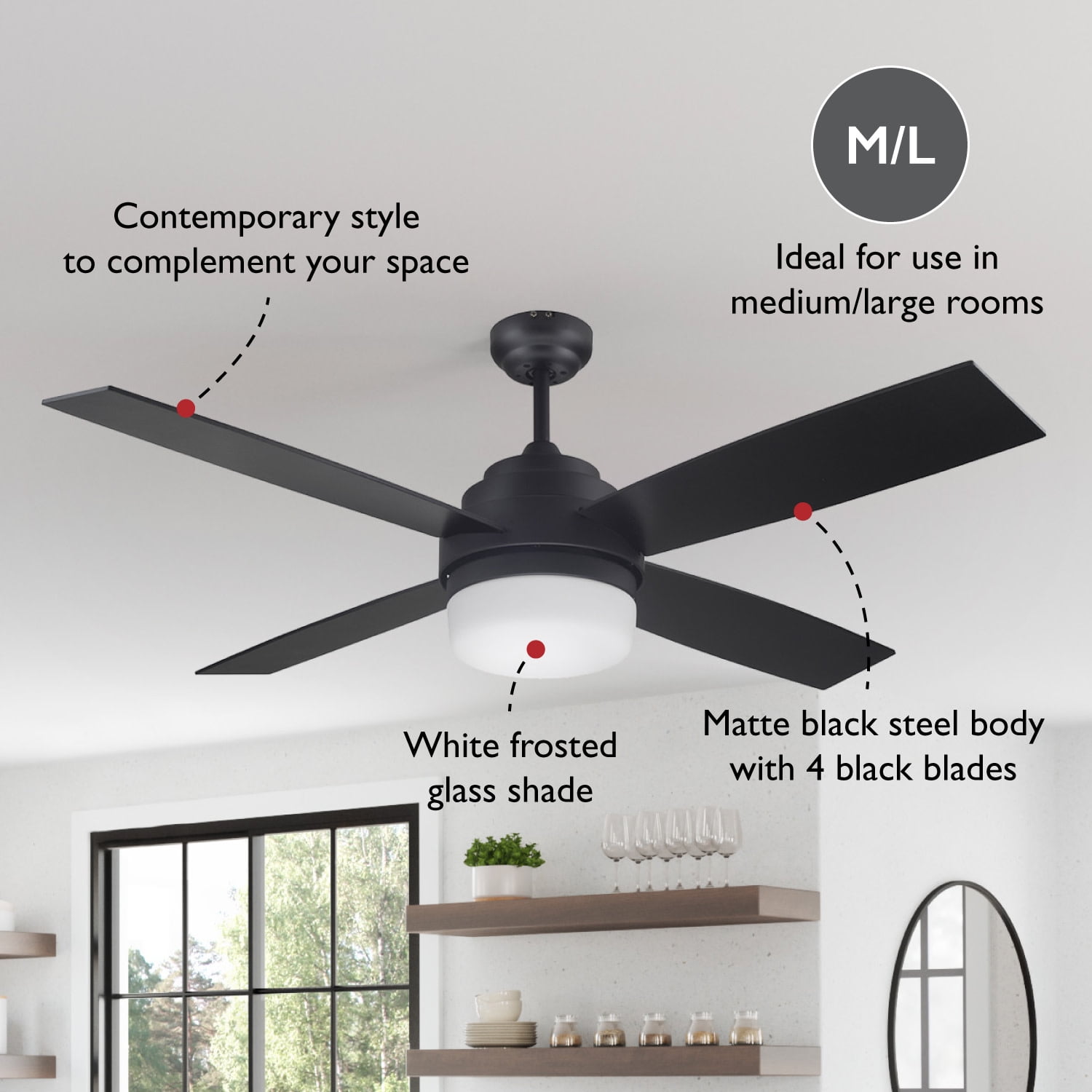 Design House Cali 52" Indoor Ceiling Fan with LED Kit, 4-Blades, and Remote Control, Matte Black