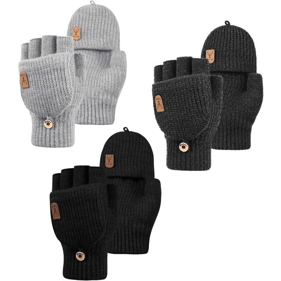 Bocaoying 3 Pack Winter Knitted Convertible Fingerless Gloves, Knit Flip Thermal Thick Mittens with Cover for Cycling and Texting Suitable for Unisex