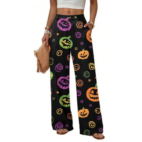 Satingcolo Halloween Womens Drawstring Waist Palazzo Pants Soft Linen Wide Leg Trousers with Pockets High Waist Boho Breathable Pants,Khaki XL