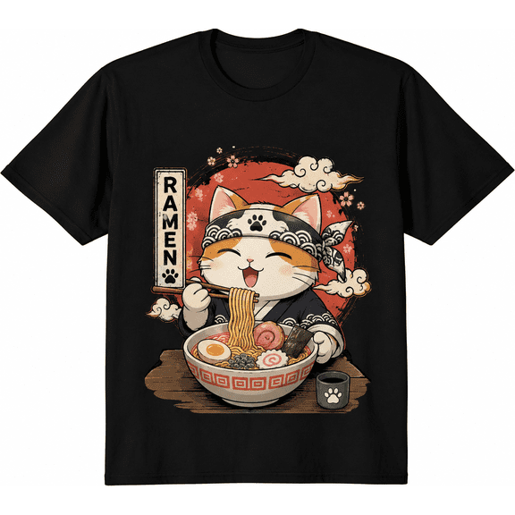 [100% Cotton] Trendy Graphic Funny T-Shirt - Funny Cat Ramen Graphic Tee Japanese Kawaii Anime Cat T-Shirt - Men Women Loose Sports T-Shirt Golf Gift T-Shirt For Men And Women