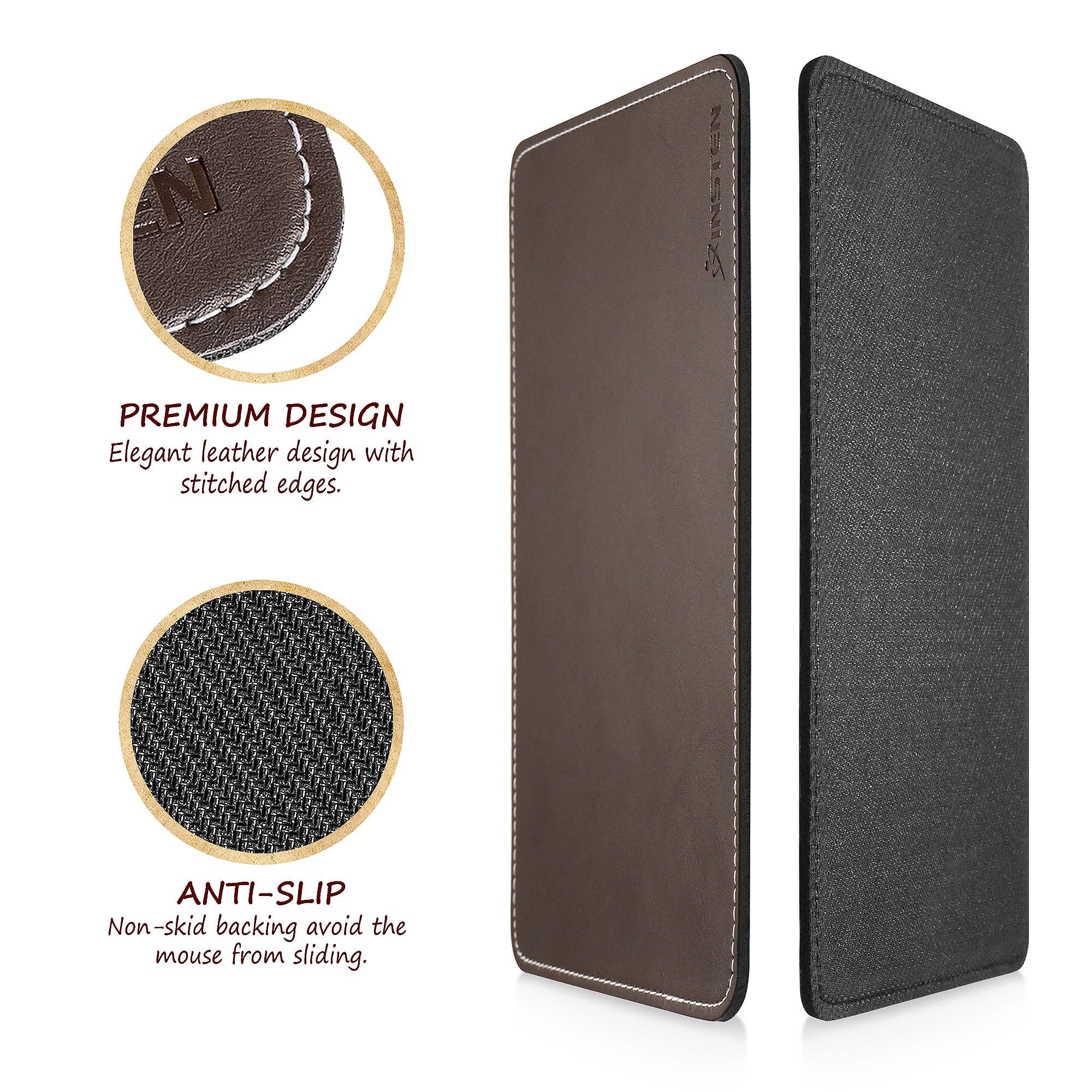 Non Slip /& Elegant Stitched Edges Brown Insten Premium Leather Mouse Pad with Waterproof Coating