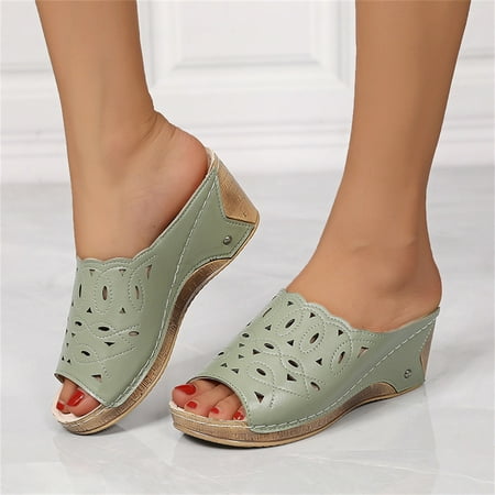 

Christmas Ladies Fashion Solid Color Leather Cutout Open Toe Wedge Roman Sandals