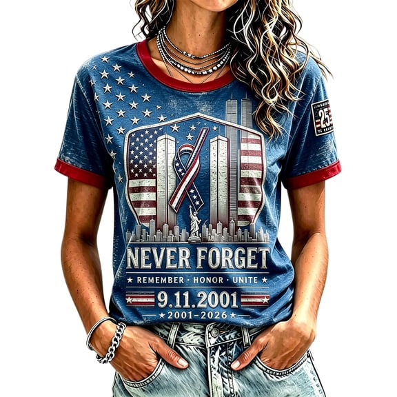 ZCNKMX Never Forget 911 2001-2026 Short Sleeve Tops for Women 9/11 25th Anniversary Shirt Patriotic American Flag Memorial Faith Tee Blue XXXL