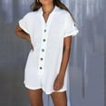 thumbnail image 4 of Usmixi Rompers for Women Summer Casual Cotton Linen Button Down Shirt Short Jumpsuits V-Neck Short Sleeve Formal Solid Mini Womens Jumpsuits on, 4 of 7
