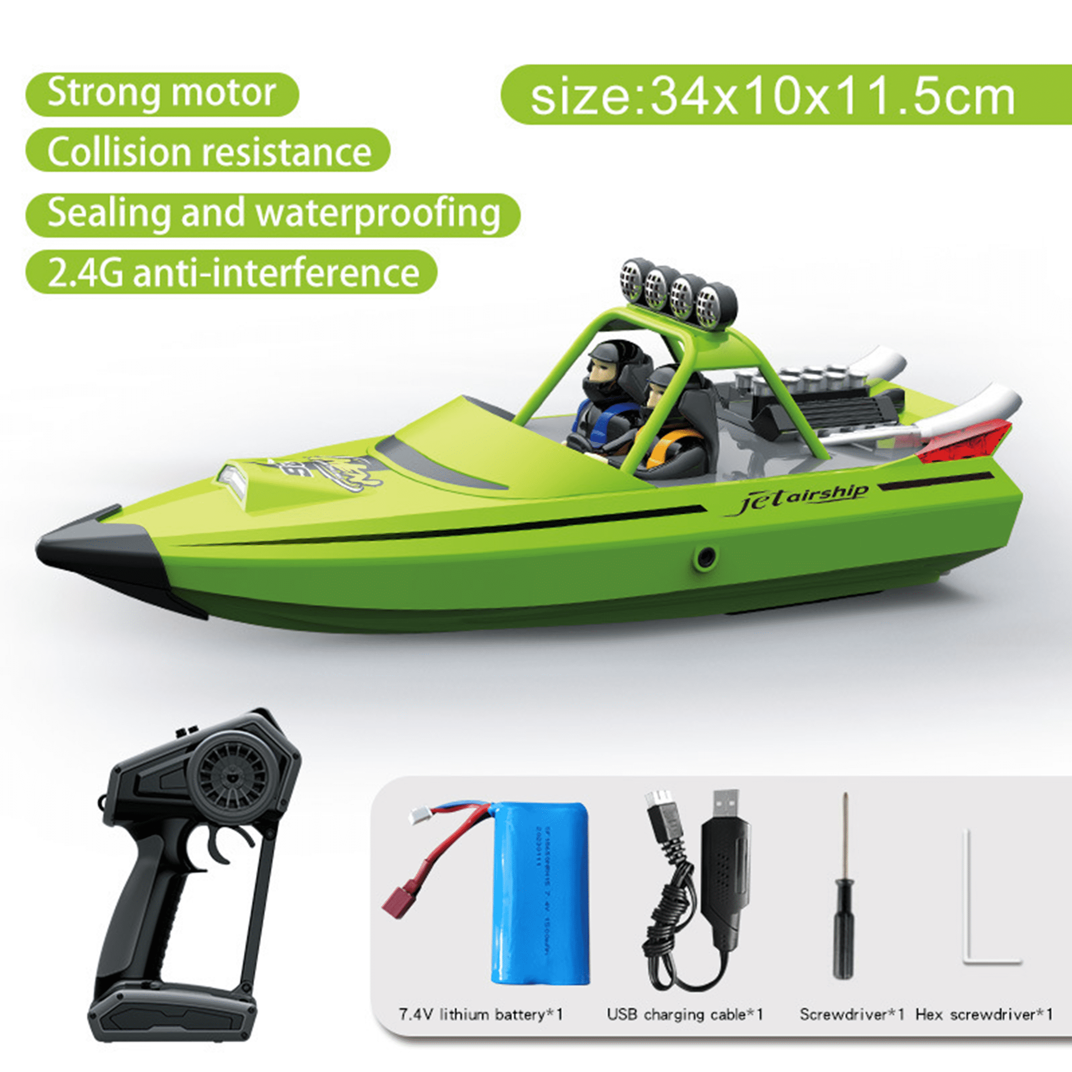 RC Jet Boat – Funtogether Toys Toy Jet Ski with Remote Control, 2.4GHz, LED Lights, 20MPH Fast Racing, 2 Rechargeable Batteries, Green