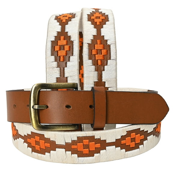 BE BAR H EQUINE Western Genuine Leather Men And Women Brown Belt Embroidered White & Orange
