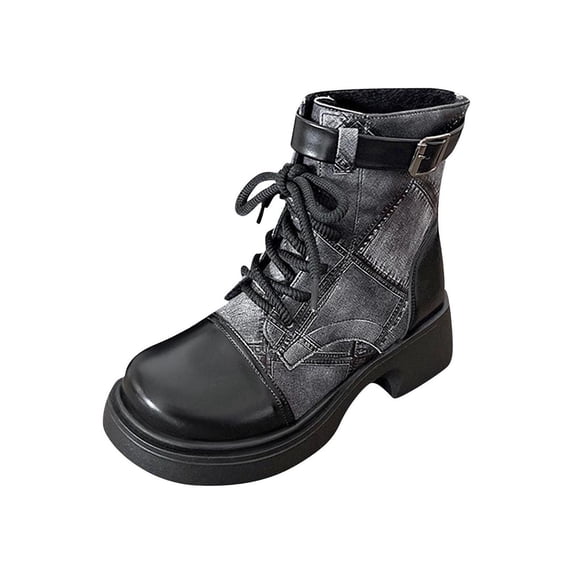 Ankle Boots for Women, Combat Boots and Booties with Spliced Design, Round Toe Lace Up Low Thick Heel, for All Day Comfort and Casual Style