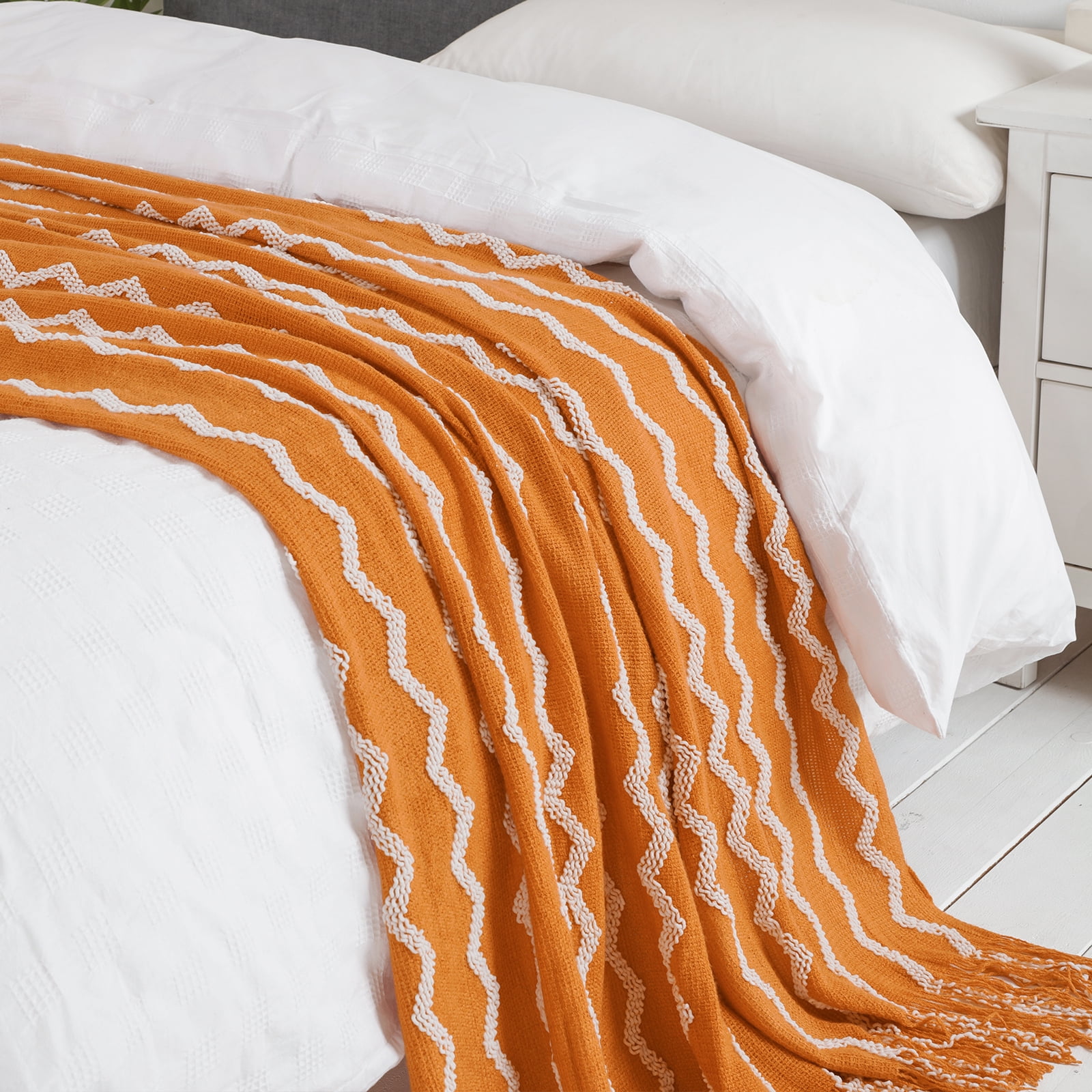 Bourina Fluffy Chenille Knitted Throw Blanket 50" x 60"- Cozy for Sofa, Chair, Orange, Adult