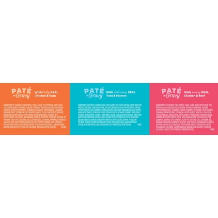 MEOW MIX PATE IN GRAVY SURF N’ TURF PATES VARIETY PACK, WET CAT FOOD, 2.75 OZ CUP, 12 PACK
