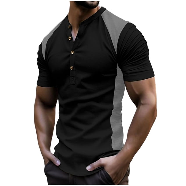 Tops para hombre, blusas y camisas de manga corta con cuello redondo para hombre, blusa informal con botones y cuello redondo de color liso para hombre.