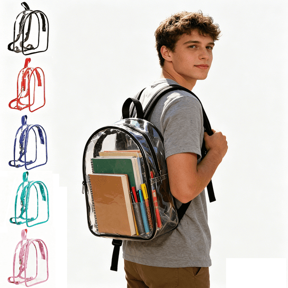 Lksixu Clear Backpack, Heavy Duty PVC Transparent Backpack with Reinforced Shoulder Straps, Waterproof See Through Schoolbag Stadium Approved Daypack for Travel Concerts and Sporting Events