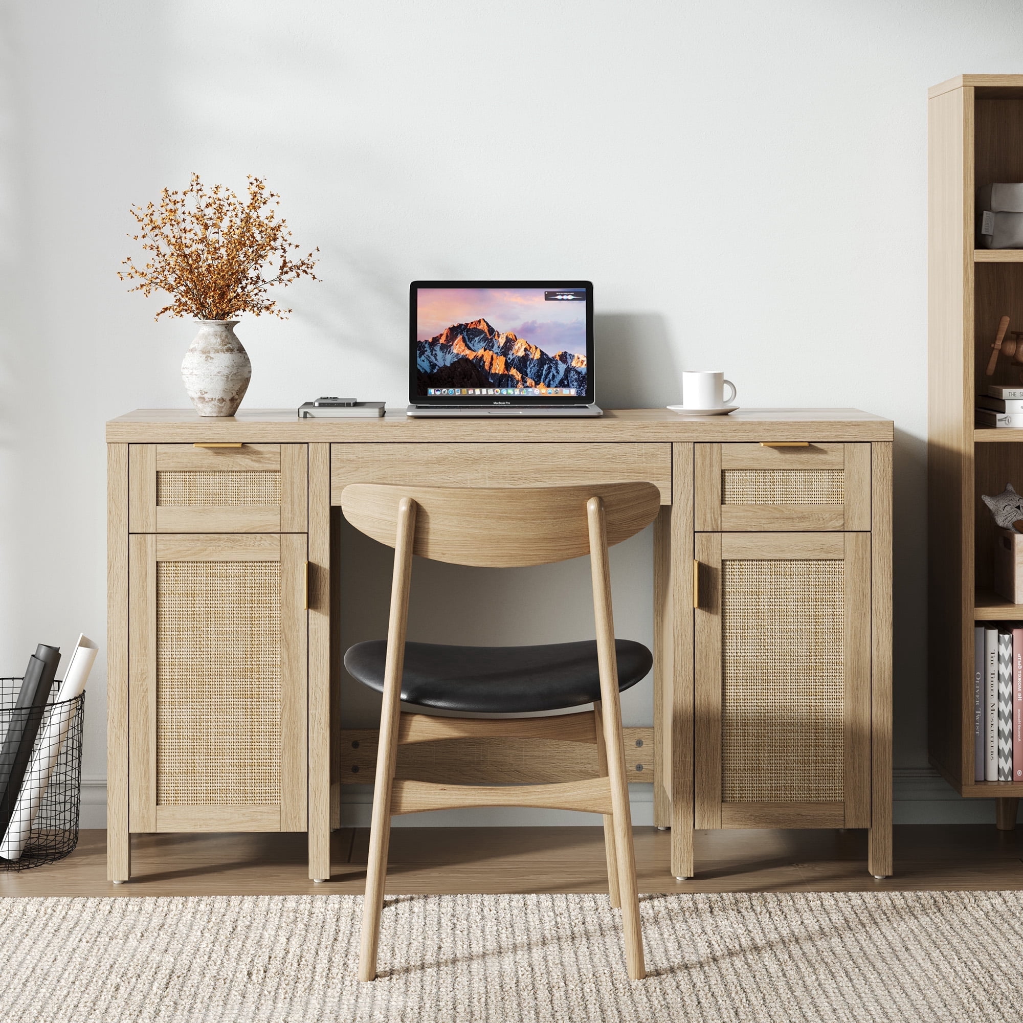 SICOTAS 52" Rattan Computer Desk with 3 Drawers & 2 Storage Cabinets, Boho Executive Desk, Modern Writing Desk for Home Office Bedroom, Light Oak
