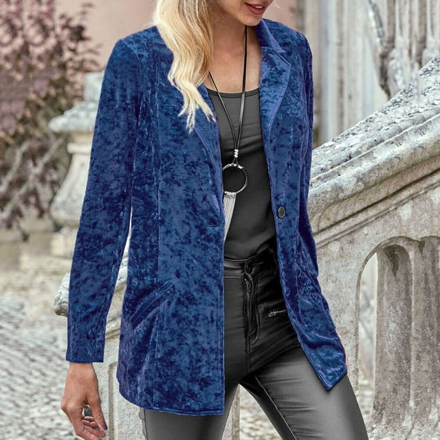 IROINID Veste Courte Confortable pour Femmes, Blazer à Col Cranté, Couleur Unie, Manches Longues, Bleu