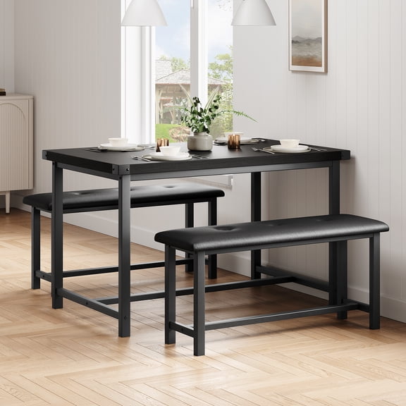 3 Piece Dining Table Set for 4, 44" Kitchen Table with 2 Benches, Wooden Rectangular Kitchen Table Set