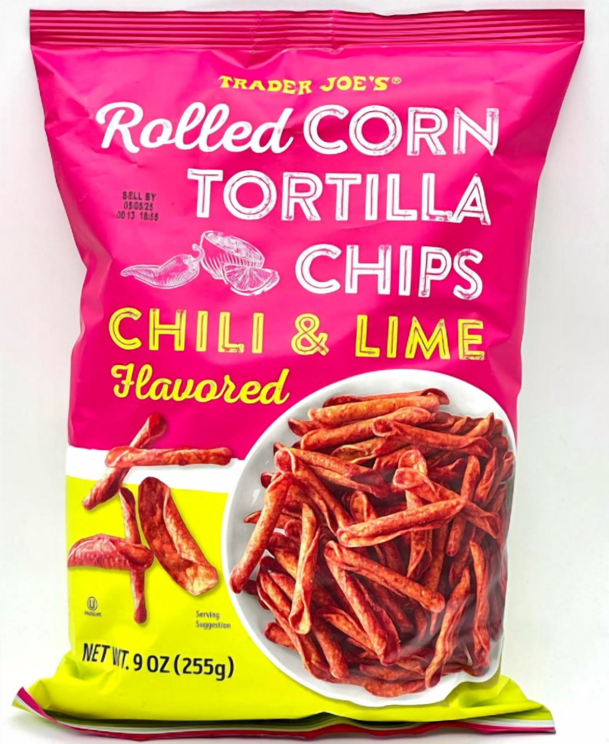 Trader Joe's Rolled Corn Tortilla Chips Chili & Lime Flavored - Pack of 2 with Bonus Bag Clip
