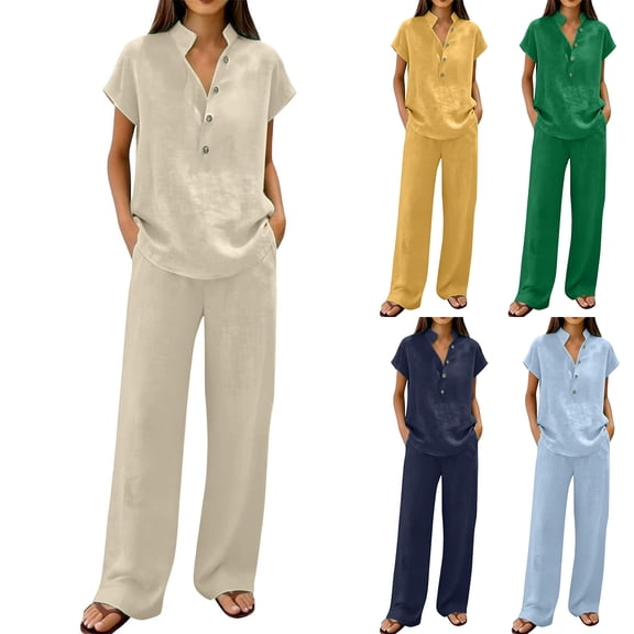 Linen Sets for Women 2 Piece Summer Casual Short Sleeve V Neck Button down Shirts Matching Loose Wide Leg Pants, M