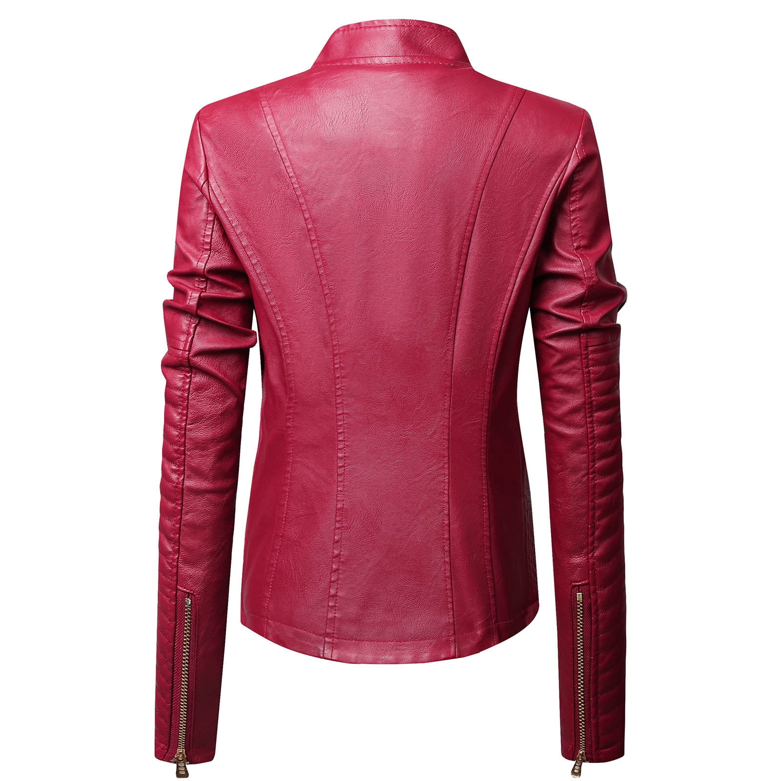 Lovskoo Women Faux Leather Jacket Moto Biker Coat Trendy Jacket Solid Long Sleeve Zipper Pocket Outerwear Tops Short Coat Burgundy