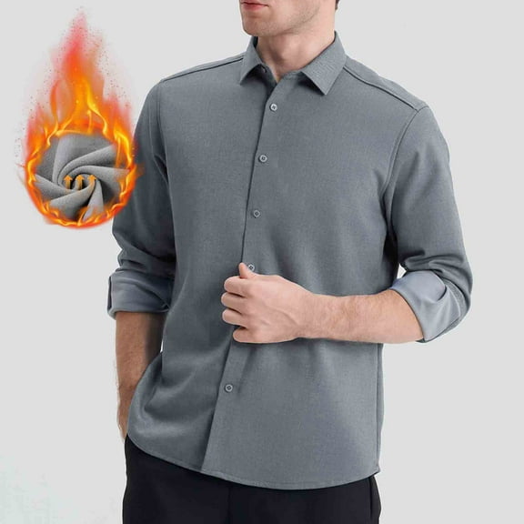 Stamzod Mens Winter Shirts Solid Color Long Sleeve Fleece Lined Button Up Shirt Men 2025 Trendy Fashion Officewear Business Casual Tops Gray B XXL