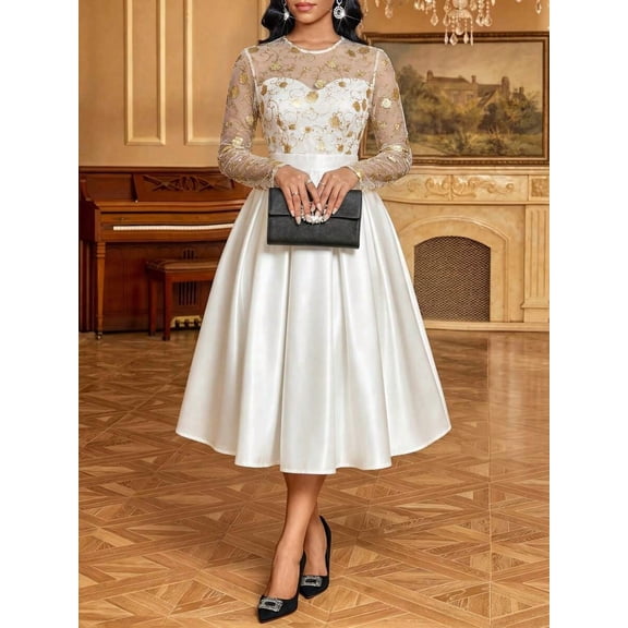 Women White-2 Elegant Long Sleeve Midi Dress, Gold Floral Embroidered Mesh
