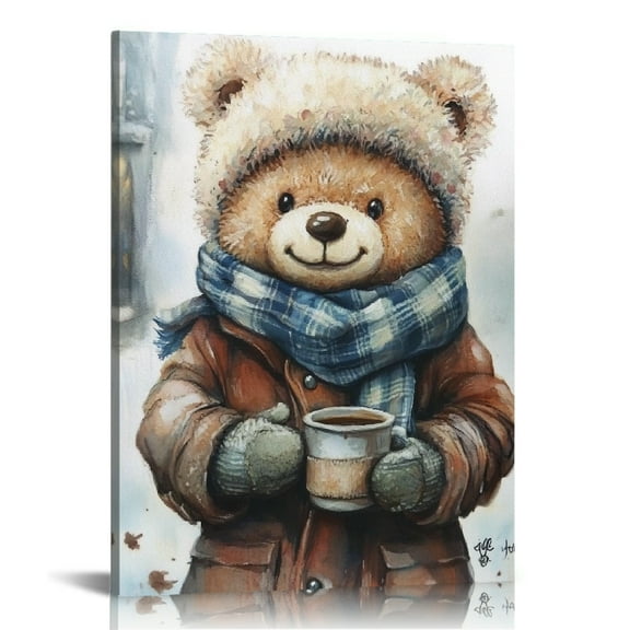 Patifu Teddy Bear Coffee Winter Coat Canvas Print Wall Decor 12x16 in