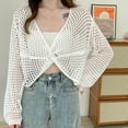 thumbnail image 2 of JGGSPWM Women's Crochet Tops V Neck 3/4 Sleeve Summer Beach Crop Hollow Out Twist Front Top White Free Size, 2 of 3