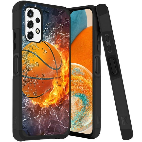 ANJ  Rugged Dual Layered Shockproof Slim Hybrid Case   Tempered Glass Cover Compatible with Samsung Galaxy A23 5G - Fiery Basketball