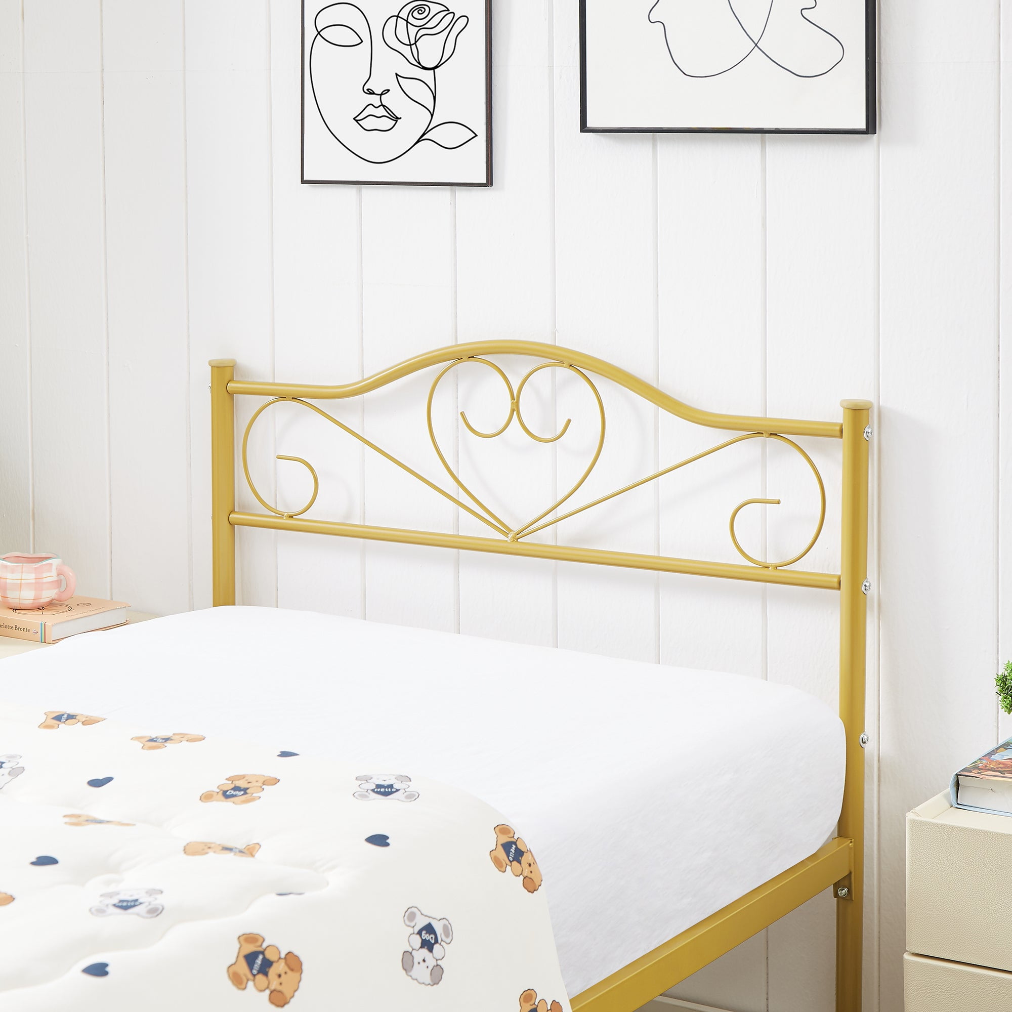 14 Inch Twin Size Metal Platform Bed Frame with Headboard and Footboard, Heavy Duty Mattress Foundation with Steel Slats Support, No Box Spring Needed, Gold