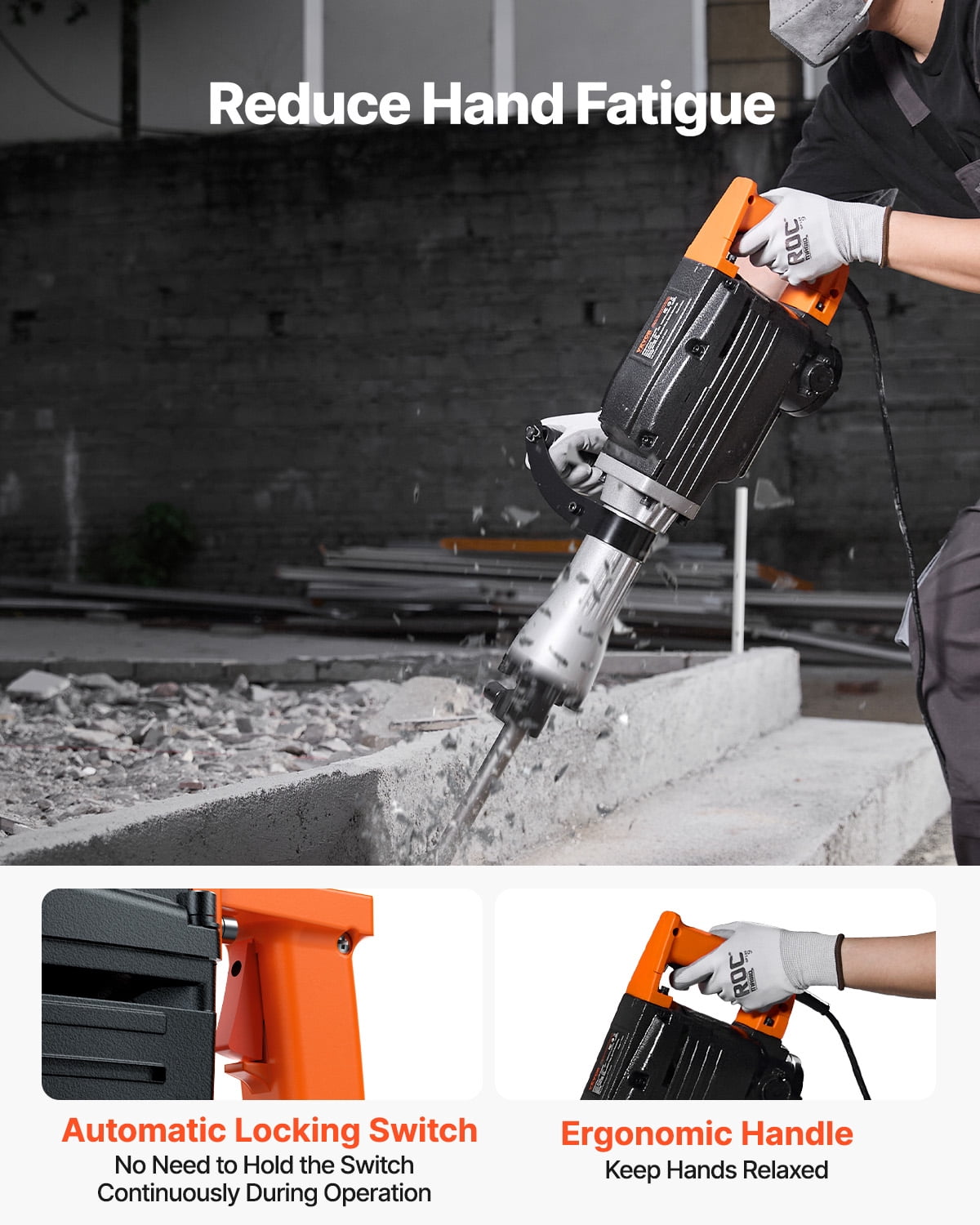 VEVOR Demolition Jack Hammer, 2200W Electric Jackhammer Heavy Duty, 1350 BPM Concrete Breaker, 2pcs Chisels Bit Chipping with Case, Black