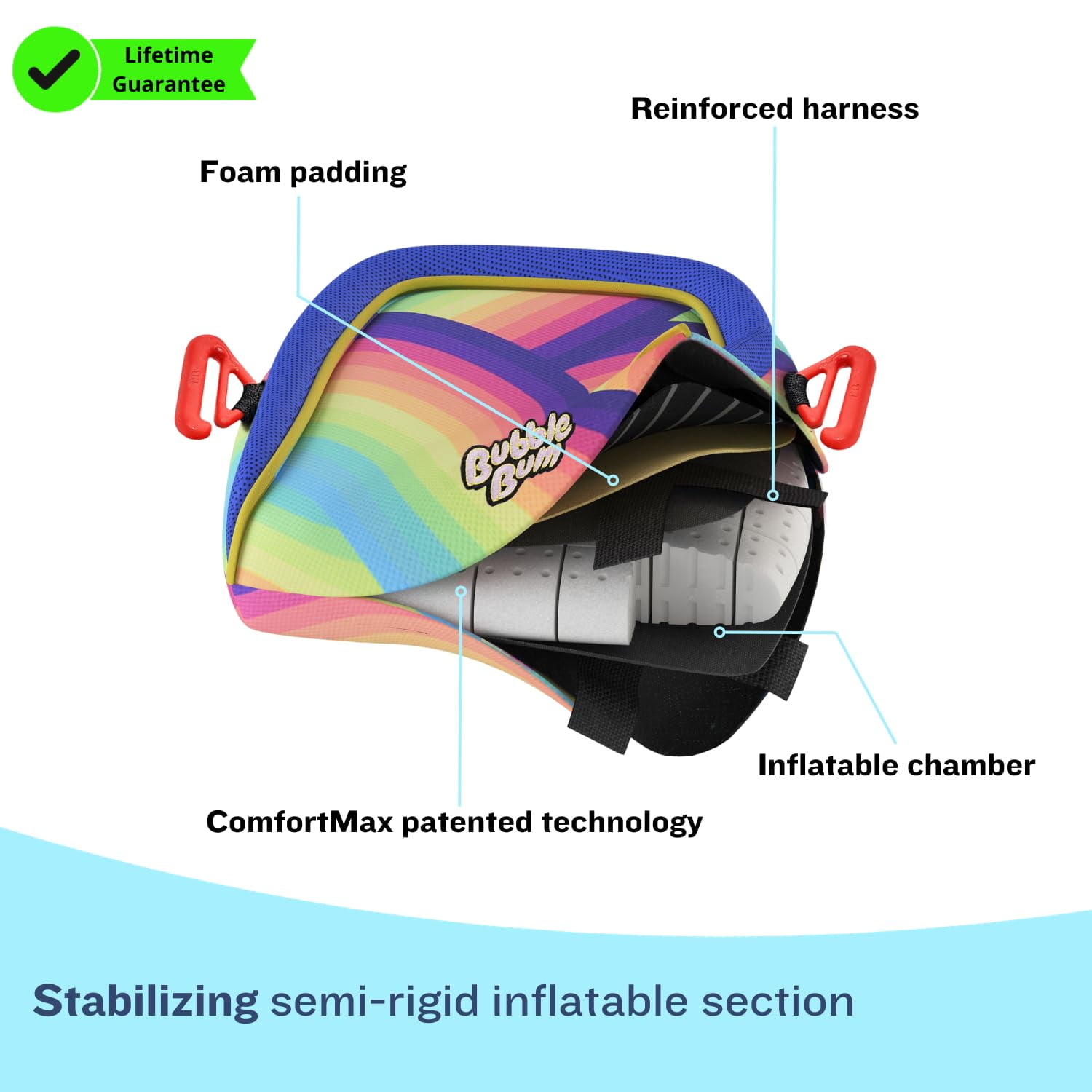 BubbleBum Booster Seats Inflatable Booster Car Seats for Kids Aged 4 to 11 Years, Rainbow Style
