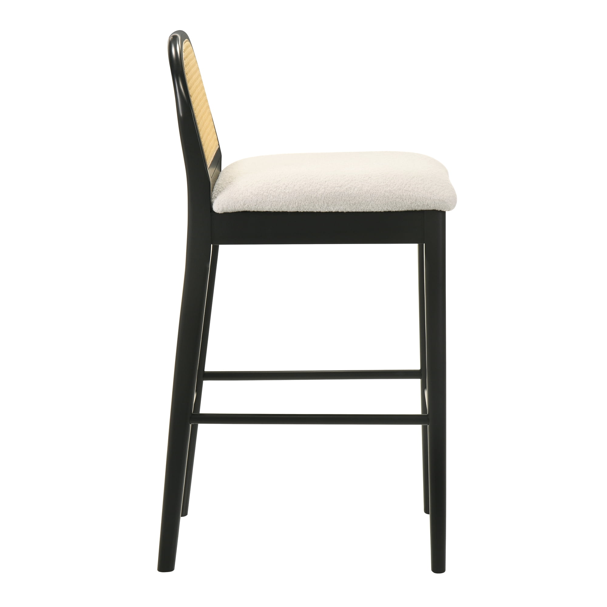 Lucio Modern Farmhouse Wood Bar Height Kitchen Bar Stool in Black Finish with White Boucle Fabric Upholstered Seat - Set of 3