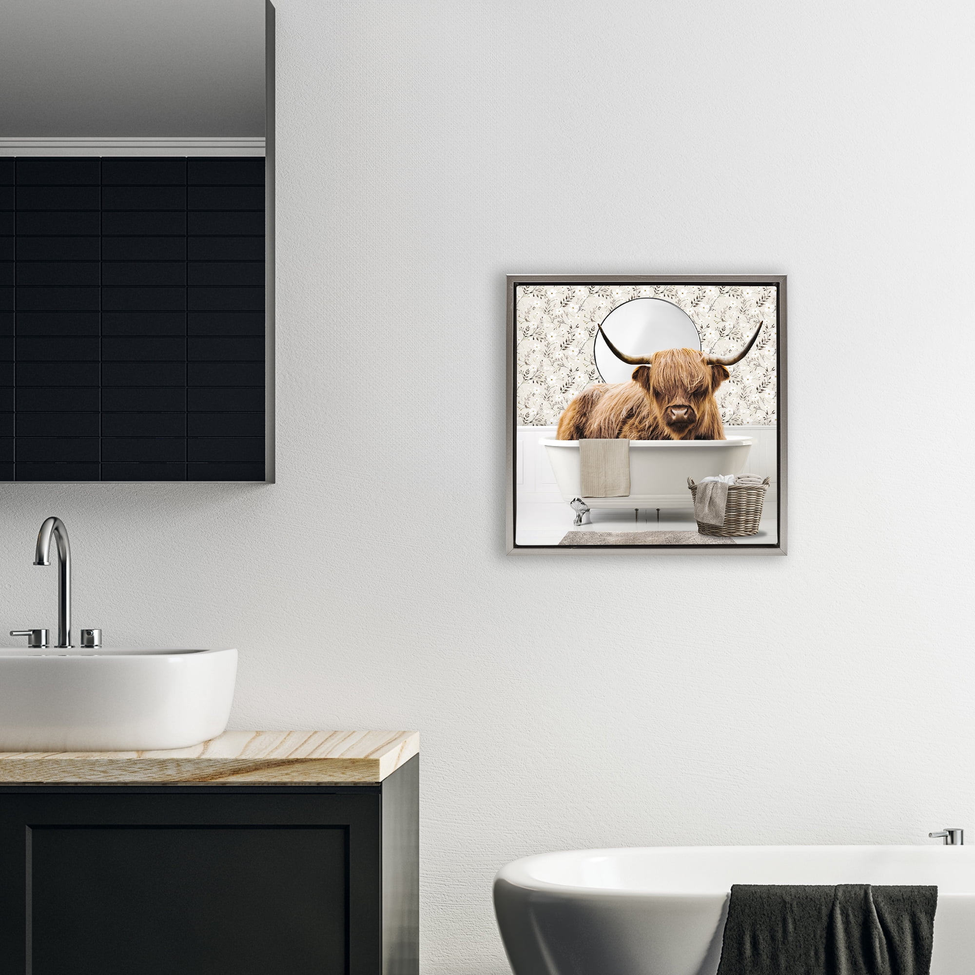 Stupell Industries Cottage Cattle Bath Time Gray Framed Floater Canvas Wall Art, design by CAD Designs